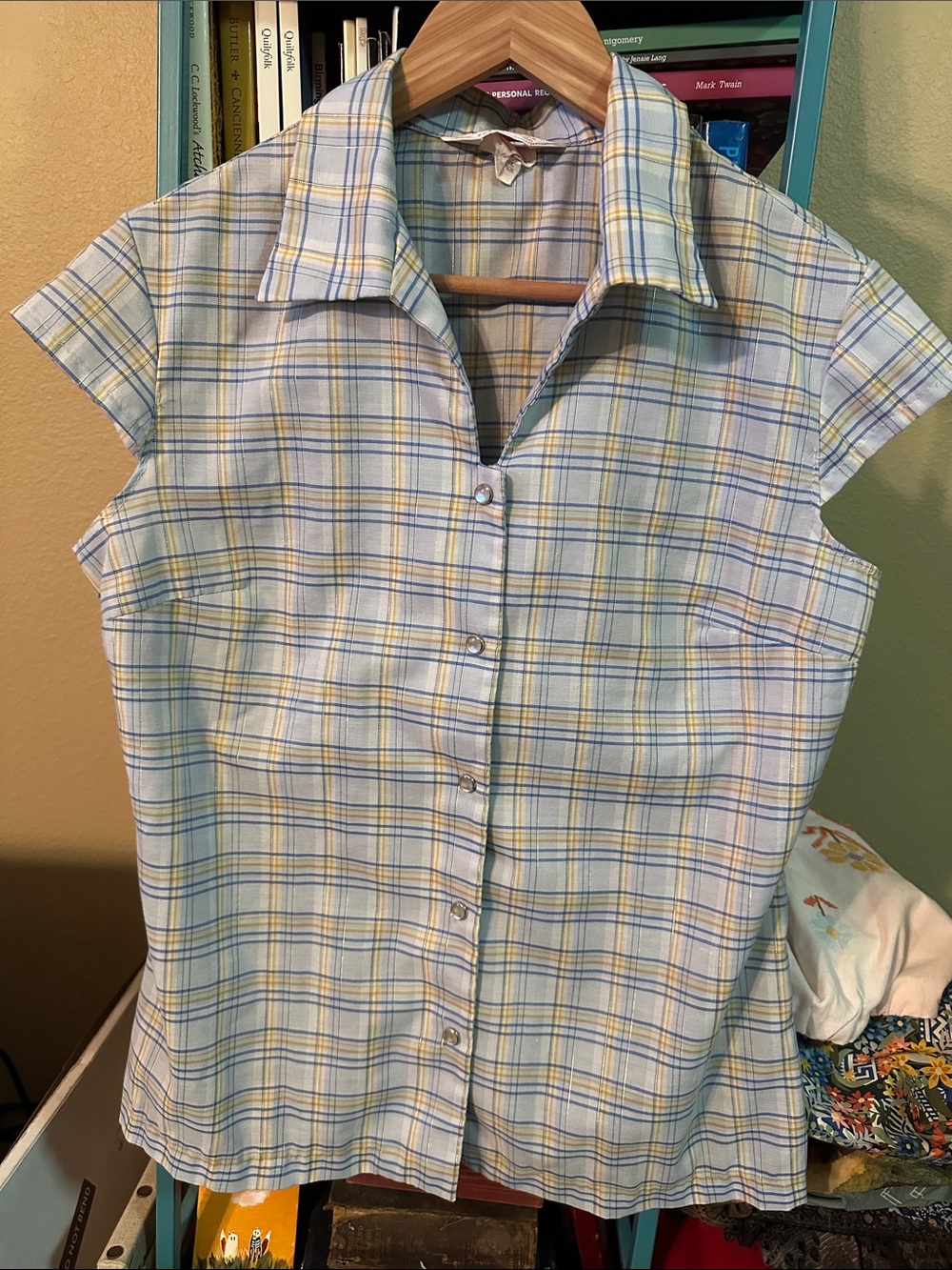 H Bar C Sleeveless Plaid Cap Sleeve Pearl Snap Shirt in Light Blue & Yellow